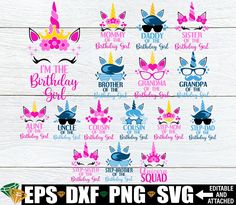 unicorn birthday svg files with glasses and flowers on the bottom, in pink and blue