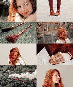 a collage of photos with red hair and accessories