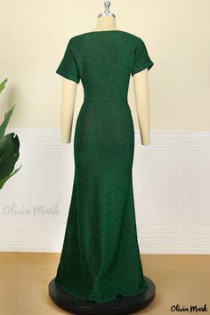 Olivia Mark - Green Womens Solid O-Neck Short-Sleeve Evening Dress with Elegant Style Green Short Sleeve Maxi Dress For Party, Green Short Sleeve Maxi Dress For Formal Occasions, Green Evening Dress, Party Outfits For Women, Long Dress Design, Evening Dresses With Sleeves, Elegant Party Dresses, Evening Dresses Plus Size, Dress Sleeve Styles