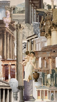 collage of ancient architecture and statues with woman in the center surrounded by other images