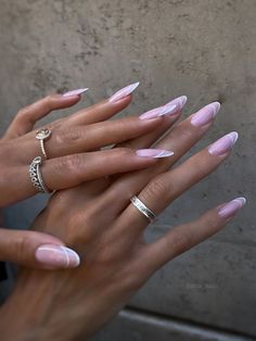 White Double French Tip Nails, Double French Almond Nails, Pink Double French Nails, Minimalist Nail Design Simple, Nails Double French Tip, Chic Nails Almond, Nails Double French, Almond Nails Designs Summer 2024, Double Line French Tip Nails