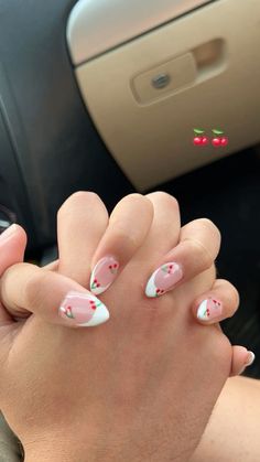 Nails Almond Trendy, Cute Shirt Almond Nails, Almond White French Tip With Design, Almond Shape French Tip With Flowers, White French With Cherries, French Tip Nails With Design Almond, Pink Nails With Cherries, Cute Cherry Nails, White French With Flowers