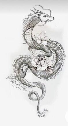 a drawing of a dragon with flowers on it