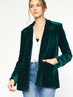 velvet hunter green blazer by entro on model from front with jeans Bodysuit Jeans, Green Velvet Blazer, Nashville Style, The Perfect Girl, Green Blazer, Classic Blazer, Velvet Blazer, Playsuit Romper, Plush Fabric