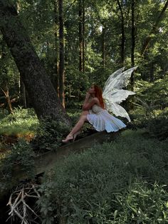 a fairy sitting on a log in the woods