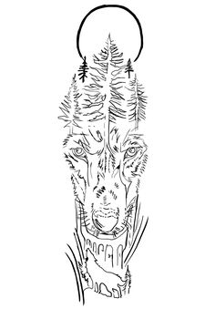 a drawing of a wolf with trees on its head