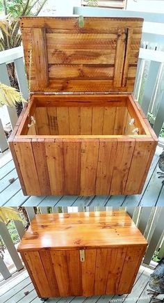 an old wooden chest sitting on top of a deck next to another box with the lid open