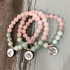 Natural Rose Quartz & Amazonite Gemstone Bead Mala Bracelet Om Buddha, Lotus Symbol, Om Bracelet, Lotus Bracelet, Mala Beads Bracelet, Buddha Bracelets, Amazonite Bracelet, Crystal Fashion, Rose Quartz Beads