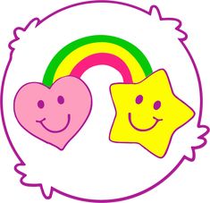 two smiling stars and a rainbow on a white background with a pink circle around them