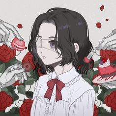 a girl with glasses and a red bow is surrounded by roses as she holds a piece of cake in her hand