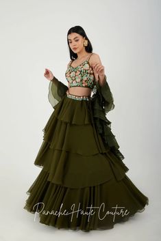 Mehendi Color Tiered Skirt with Crop Top – Panache Haute Couture Indowestern Dresses, Indowestern Gowns, Western Gowns, Reception Gowns, Indo Western Gown, Skirt And Crop Top, Indian Skirt, Indian Fashion Trends, Curated Outfit