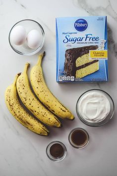 bananas, eggs and cake ingredients on a table