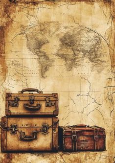 two suitcases sitting next to each other in front of a map with the world on it