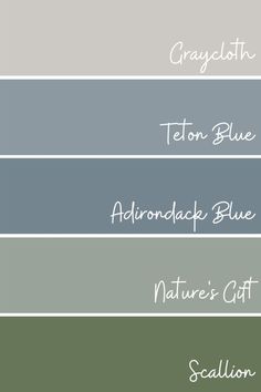 four shades of gray, blue, and green with the names of each color on them