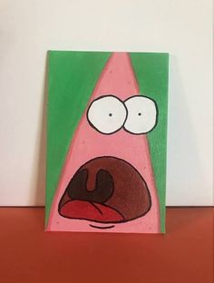 a painting of a cartoon character with big eyes on a green and pink background,