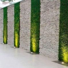 a row of stone walls with green plants growing on the wall and lights in between them