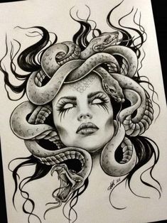 a drawing of a woman with snakes on her head