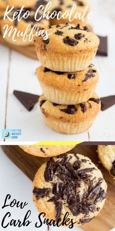 chocolate chip muffins stacked on top of each other with text overlay that reads keto chocolate chip muffins low carb snacks