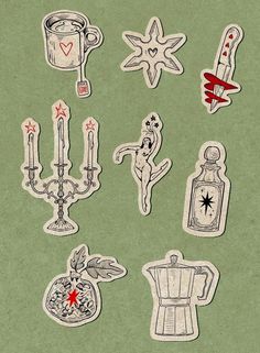 several stickers with different things on them in the shape of candles and other items