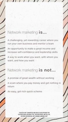 an advertisement for network marketing is shown in the middle of a white background with orange and black lines