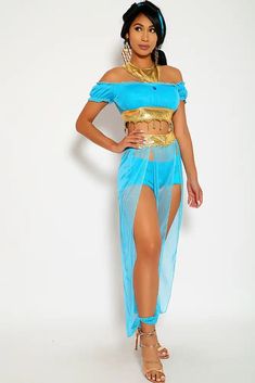 a woman in a blue and gold costume poses for the camera with her hands on her hips