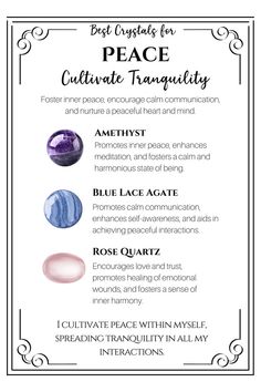 Black and white infographic with pictures and meanings of amethyst, blue lace agate and rose quartz crystals.