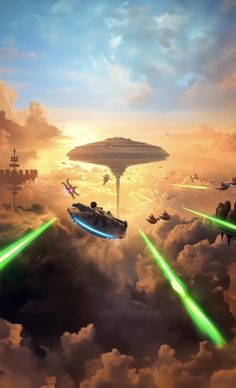 an artist's rendering of some sci - fi vehicles flying in the sky