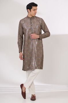 Coco sheeted and georgette kurta with abstract print and sequins embroidery. Comes with cotton silk pant. - Aza Fashions Silk Straight Kurta With Printed Motifs, Festive Silk Kurta With Printed Motifs, Designer Silk Kurta With Printed Motifs, Designer Chanderi Kurta With Printed Motifs, Silk Kurta With Printed Motifs For Diwali, Silk Churidar With Printed Motifs And Straight Kurta, Silk Churidar With Printed Motifs, Cotton Silk Kurta With Printed Motifs For Eid, Festive Cotton Silk Kurta With Printed Motifs