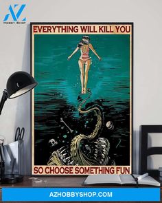 there is a poster on the wall with an image of a woman swimming in water