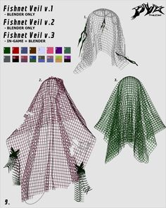 three different types of shawls with various patterns