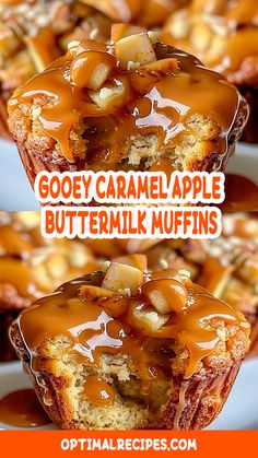 caramel apple buttermilk muffins are stacked on top of each other