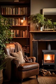 a living room filled with furniture and a fire place next to a bookshelf