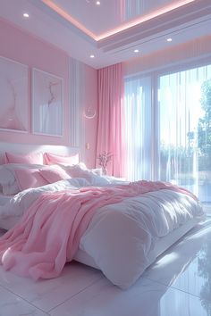 a bed with pink sheets and pillows in a room that looks like it has been made