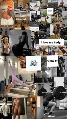 a collage of photos with some women doing different things in them and the words i love my body slow up