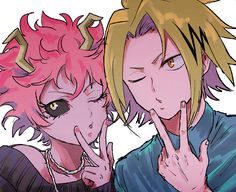 two anime characters one with blonde hair and the other with pink hair, are touching their hands together