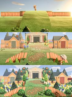 three different views of the same house in animal crossing