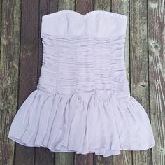 Charlotte Russe - Strapless Party Dress - Size 14. New With Tags, Never Worn. Mauve Color (Pale Lavender/Tan). Zipper On Left Side. Chest Is Slightly Padded. Has Has Anti Slip Rubber Inside Of Dress Along Most Of The Top Part. Same Color And Material Feel But Material Is Laid Out In 3 Different Ways. (1) Chest - Smooth (2) Midsection- Rows And Columns-Puffy (3) Very Bottom Part- Puckered And Flowy. Lining Underneath. 100% Polyester. Please See All Pictures. -Measurements Laying Flat- [Armpit To Strapless Mini Dress With Pleated Bodice For Party, Strapless Party Mini Dress With Pleated Bodice, Dressy Strapless Summer Dress, Strapless Mini Dress With Lined Bodice For Summer, Summer Strapless Mini Dress With Lined Bodice, Summer Prom Strapless Dress With Ruched Bodice, Ruched Strapless Dress For Summer Bridesmaid, Summer Bridesmaid Mini Dress With Ruched Bodice, Strapless Mini Dress With Ruched Bodice For Spring