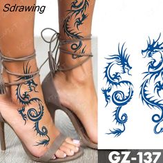 a woman's legs with tattoos on them, and an image of a dragon