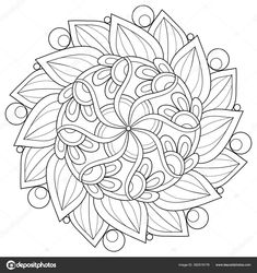 an abstract black and white coloring book page with circular floral design in the center stock photo