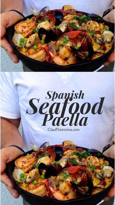 two photos of seafood paella in a skillet with the words supsh seafood paella on it