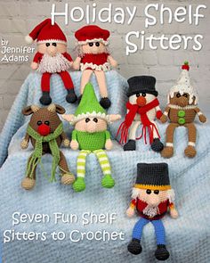 there are many small knitted toys on the cover of this book, holiday shelf sitters