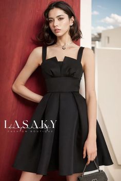 Lasaky - Satin Pleated Fit & Flare Party Mini Dress with Suspender Straps Fitted A-line Suspender Dress For Evening, Elegant Fitted Suspender Dress With Square Neck, Elegant Fitted Square Neck Suspender Dress, Elegant Mini Length Suspender Dress, Spring Formal Fitted Suspender Dress, Elegant Mini Suspender Dress, Chic A-line Cocktail Suspender Dress, Chic A-line Suspender Dress For Cocktail, Elegant Suspender Dress With Square Neck For Night Out