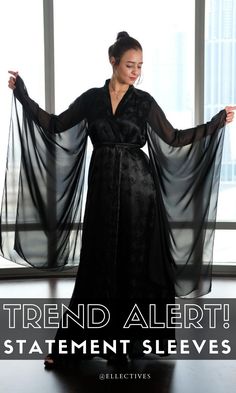 Black Silk Robe long wide sleeve Long Flowy Robe, Sheer Fitted Party Robe, Elegant Fitted Kimono For Evening, Elegant Fitted Evening Kimono, Elegant Sheer Robe For Party, Fitted Kimono With Kimono Sleeves For Evening, Elegant Long Sleeve Robe For Night Out, Elegant Kimono For Spring Party, Elegant Kimono For Party In Spring