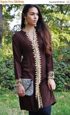 SPRING 10% OFF SALE //// Brown Tunic Dress with Gold Eid Vacation Kurta Tunic, Eid Vacation Tunic Kurta, Traditional Brown Dresses For Festivals, Festive Tunic Kurta For Vacation, Traditional Embroidered Dress For Beach, Beach Tunic For Eid, Long Tunic For Eid At The Beach, Traditional V-neck Embroidered Dress For Festival, Long Tunic For Beach Eid