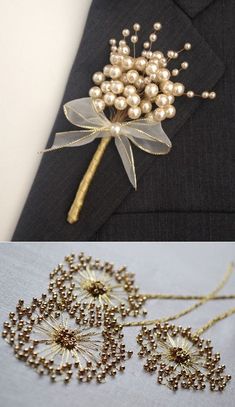 two pictures one with a boutonniere and the other with brooches