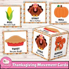 thanksgiving movement cards with pictures of turkeys, pumpkins and other things on them