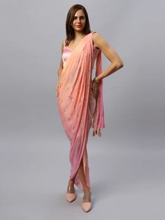 Pariza Peach Chinon Silk Sarong Saree with Gold Sequin Work Peach Pre-draped Traditional Saree, Elegant Multicolor Pre-draped Saree, Elegant Peach Saree In Traditional Drape, Elegant Peach Saree With Traditional Drape, Elegant Pink Saree For Summer, Elegant Pink Summer Saree, Peach Pre-draped Saree For Diwali, Elegant Peach Saree, Elegant Peach Pre-draped Saree