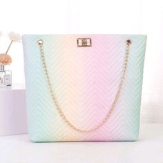 Pastel Ombre Rainbow Quilted Tote Purse Has Gold Chain Straps With Turn Lock Closure On Front No Interior Pockets New Tags: Pastel Rainbow Quilted Lightweight Summer Purses, Minimalist Bag, Faux Leather Handbag, Stylish Shoulder Bag, Tote Bag Pattern, Shoulder Tote Bag, Chain Shoulder Bag, Tote Purse, Shoulder Tote