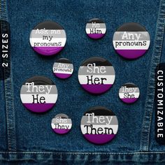 six purple and white buttons with the words they she then on them in different languages