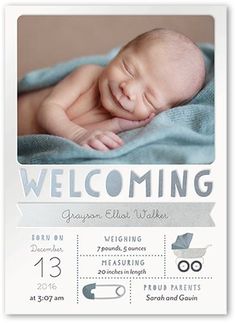 a birth announcement with a photo of a baby